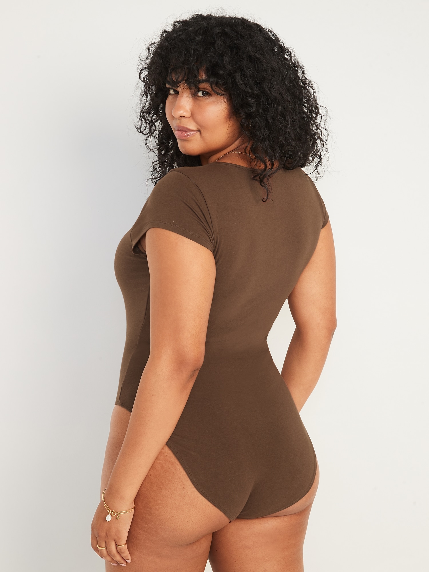Large Size Womens Tan Bodysuit With Short Sleeves Slim Fit Body