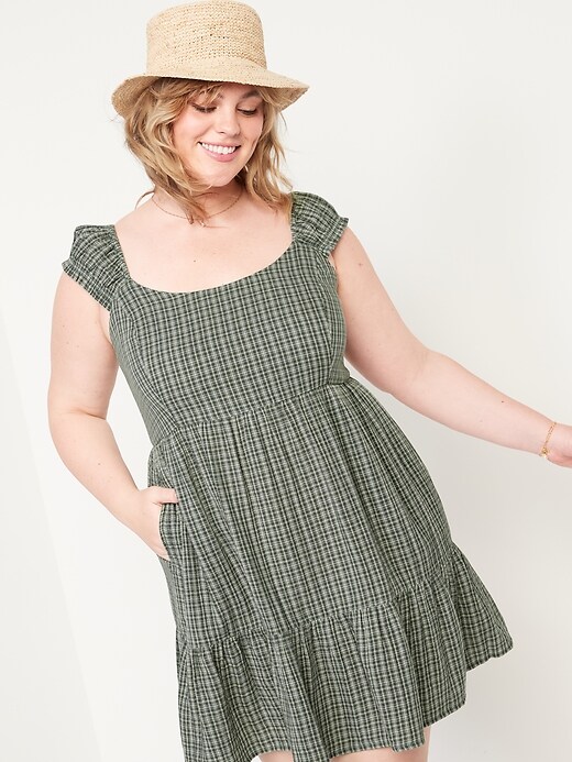 green plaid dress old navy Green And Yellow Plaid 3/4 Sleeve 1950S Cotton Vintage Dress With Tie Collar, Green / S main image 0