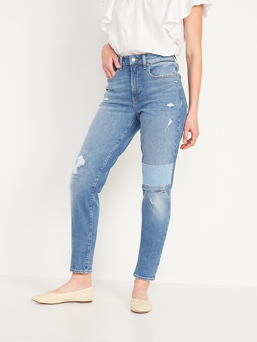 Image number 1 showing, High-Waisted OG Straight Patchwork Ripped Ankle Jeans for Women