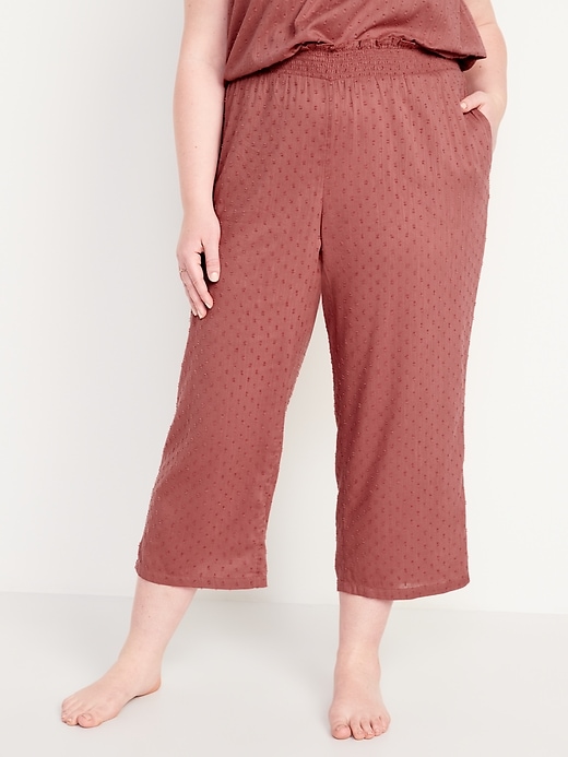 Image number 7 showing, High-Waisted Cropped Smocked Clip-Dot Wide-Leg Pajama Pants