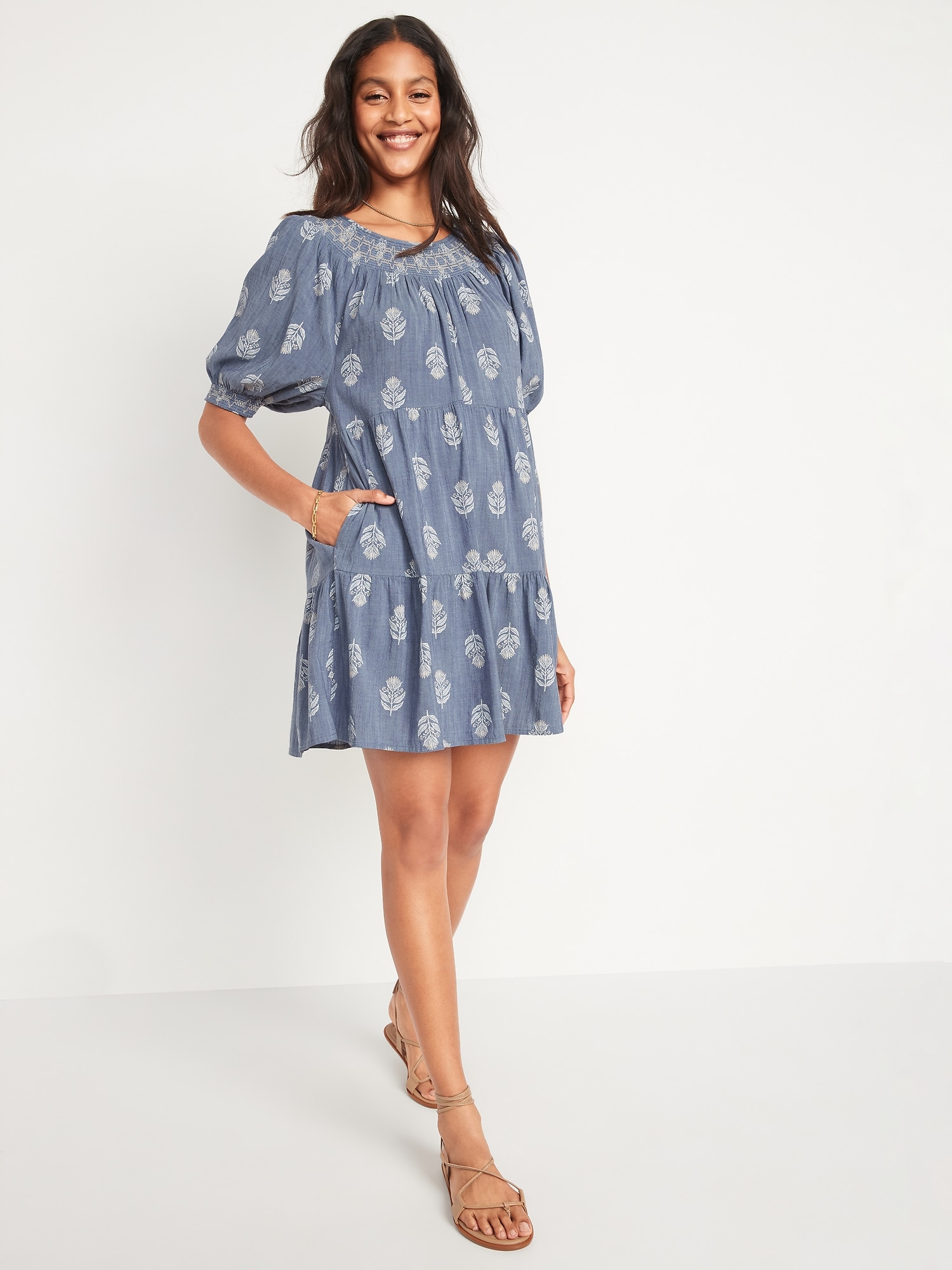 Old Navy Puff-Sleeve Smocked Embroidered Tiered Mini Swing Dress for Women blue. 1
