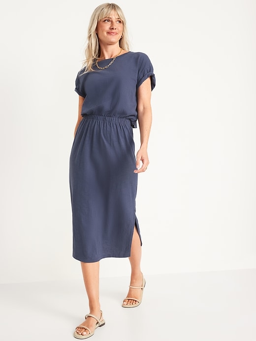 Image number 1 showing, Waist-Defined Short-Sleeve Cutout-Back Slub-Knit Midi Dress