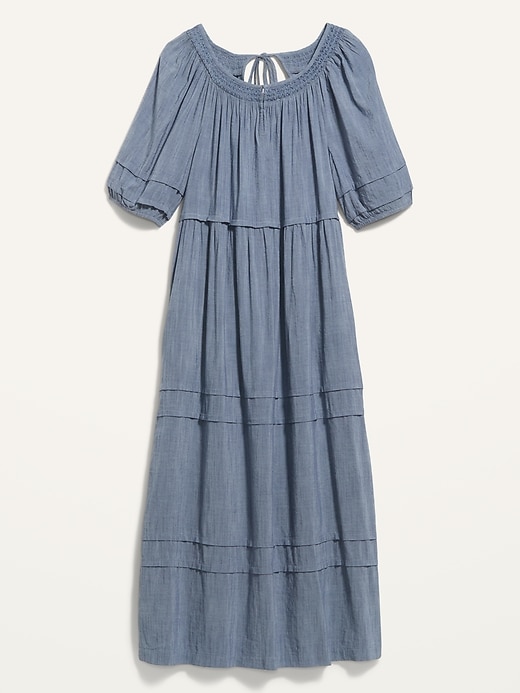 Image number 4 showing, Puff-Sleeve Chambray Smocked Midi Swing Dress