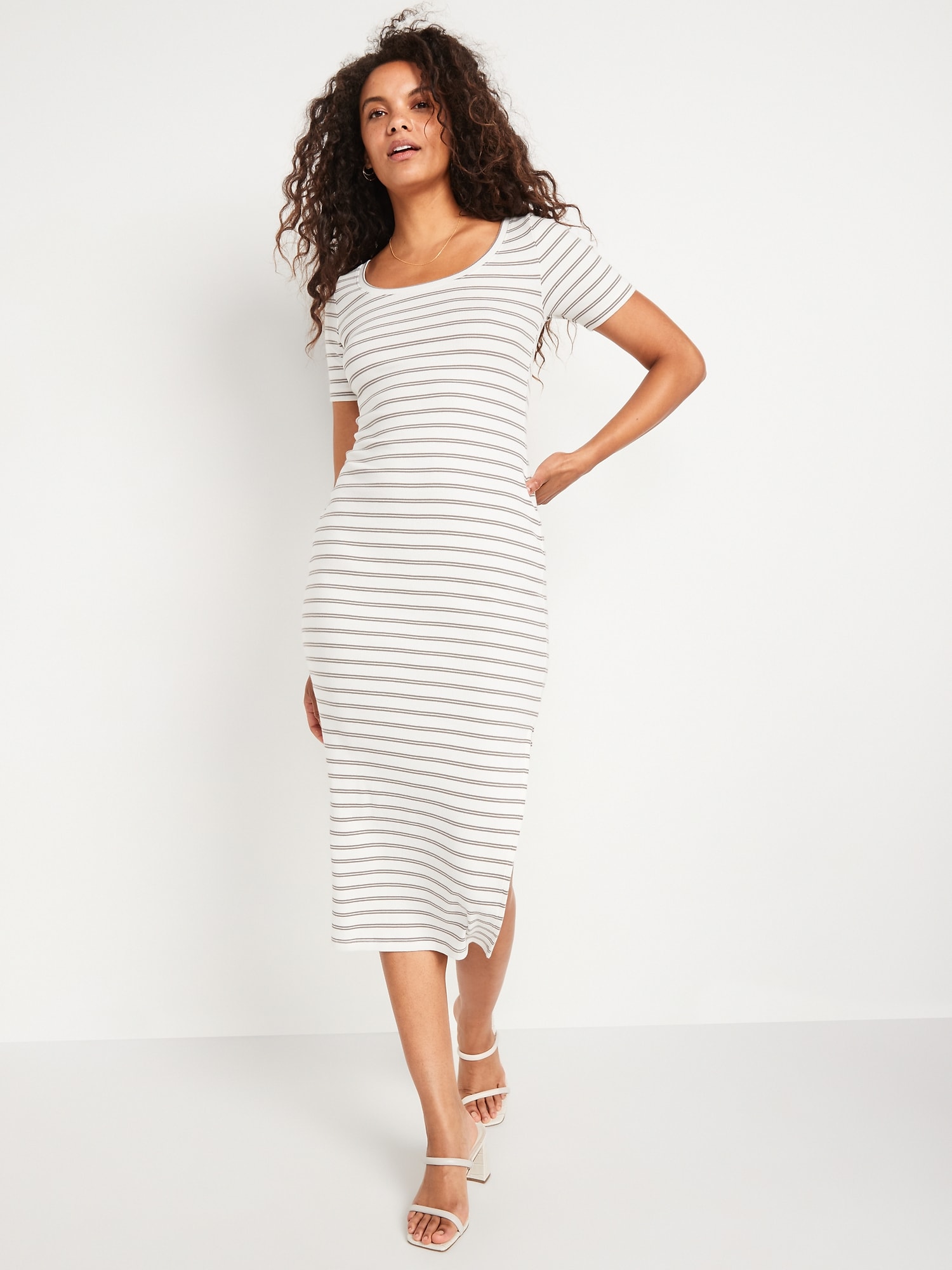 Fitted ShortSleeve Striped RibKnit Midi Dress for Women Old Navy