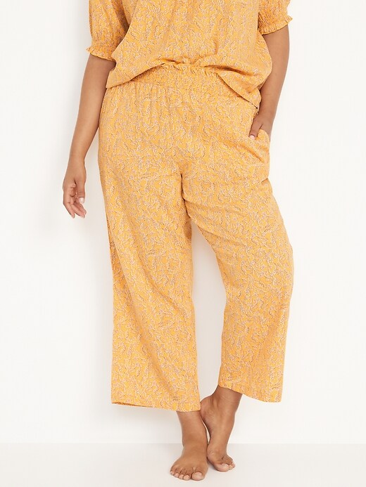 Image number 5 showing, High-Waisted Floral-Print Cropped Smocked Wide-Leg Pajama Pants