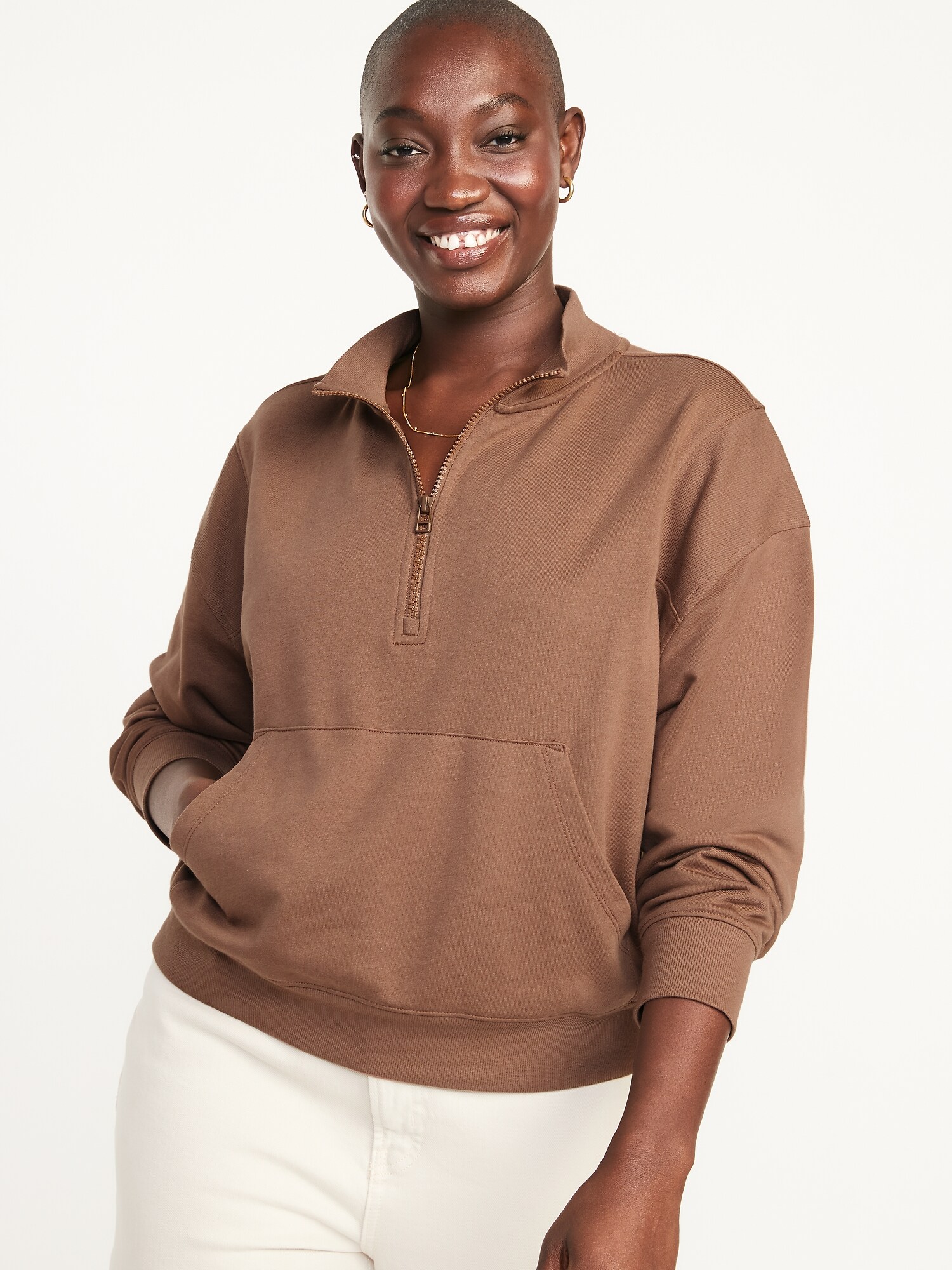 Long-Sleeve Rib-Paneled Quarter-Zip Sweatshirt for Women
