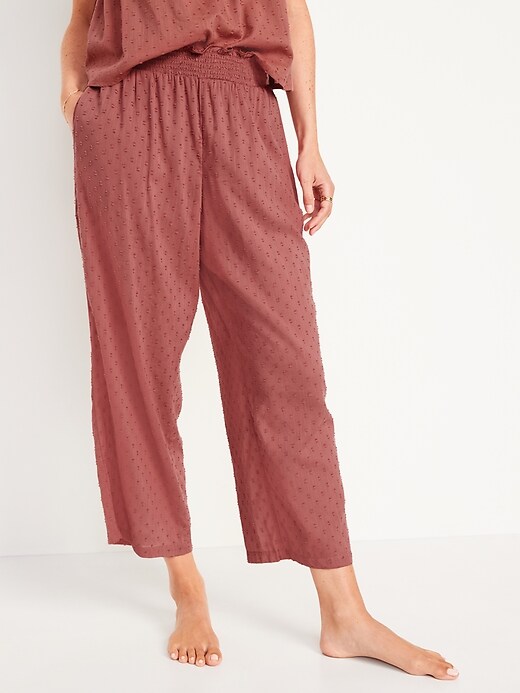 Image number 1 showing, High-Waisted Cropped Smocked Clip-Dot Wide-Leg Pajama Pants