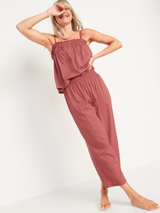 Image number 3 showing, High-Waisted Cropped Smocked Clip-Dot Wide-Leg Pajama Pants