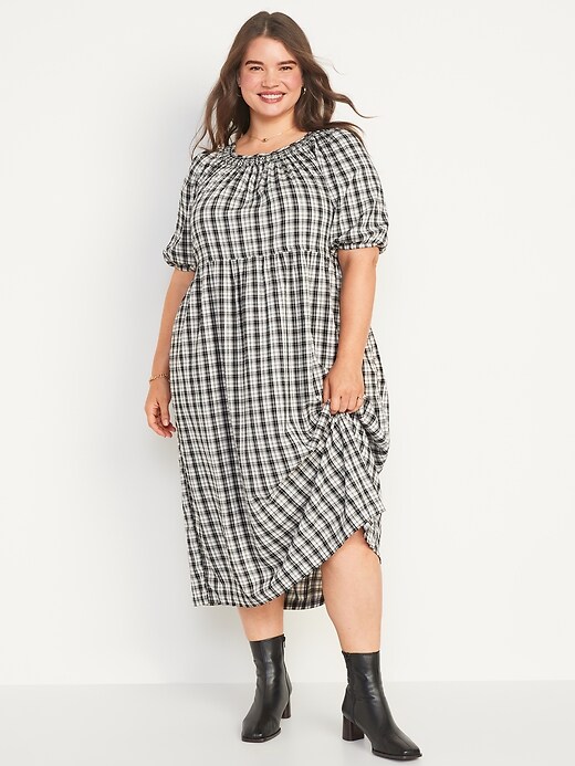 Image number 7 showing, Puff-Sleeve Plaid Smocked Midi Swing Dress for Women