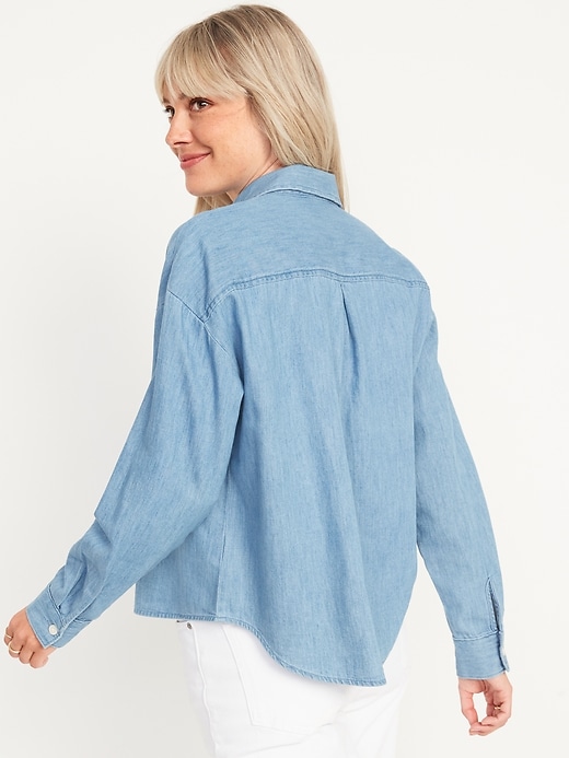 Image number 2 showing, Long-Sleeve Cropped Jean Boyfriend Shirt for Women