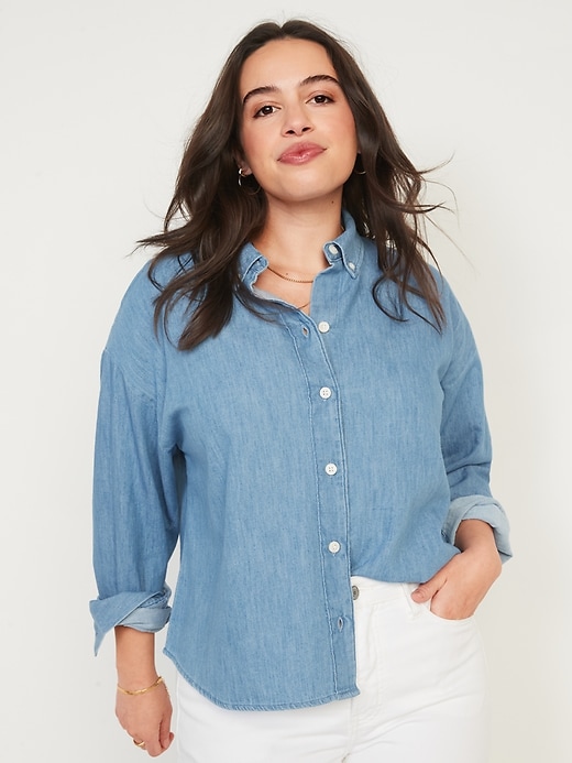 Image number 5 showing, Long-Sleeve Cropped Jean Boyfriend Shirt for Women