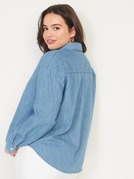 Image number 6 showing, Long-Sleeve Cropped Jean Boyfriend Shirt for Women