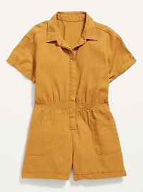 Short-Sleeve Cinched-Waist Linen-Blend Utility Romper for Girls | Old Navy