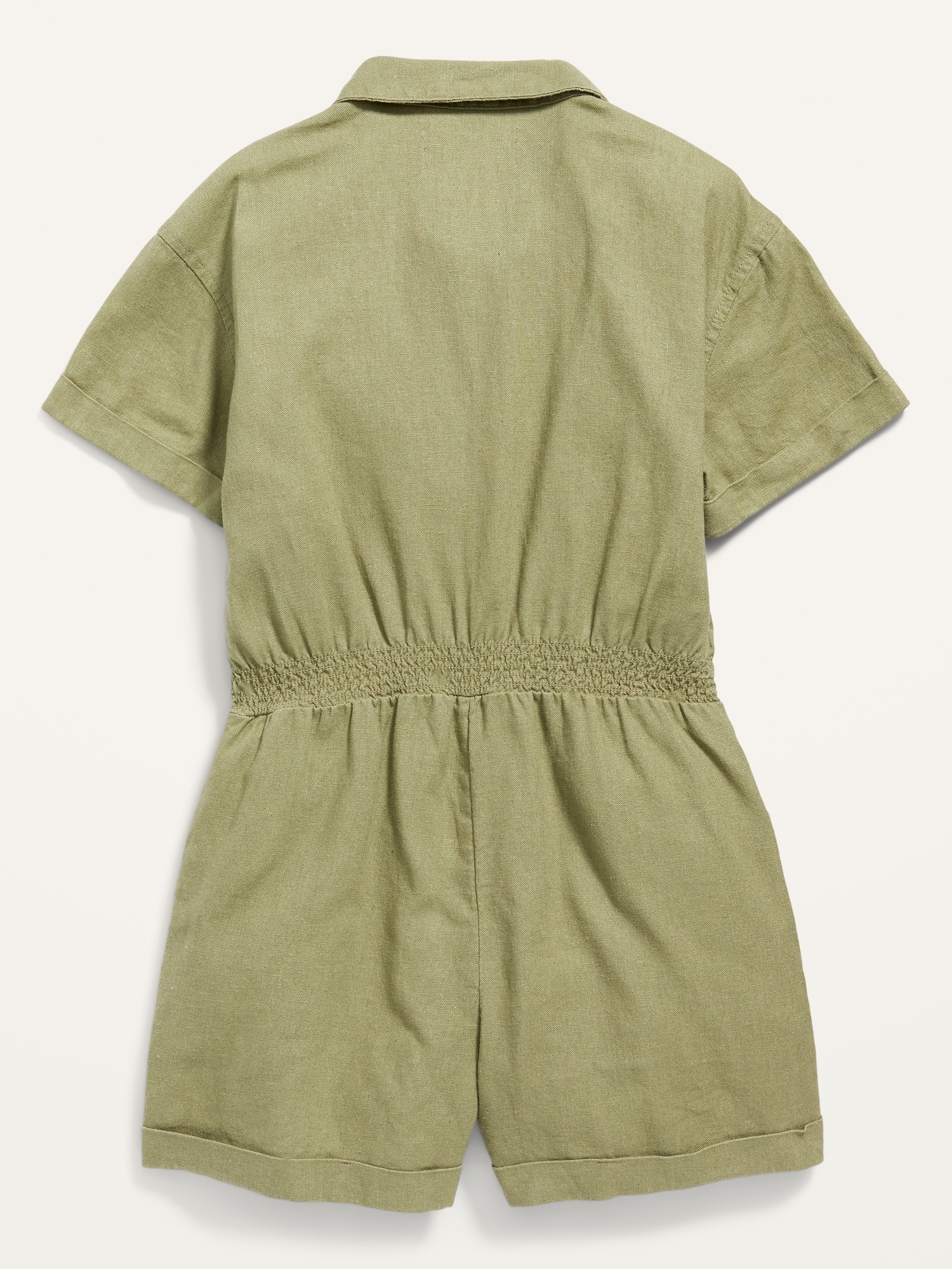 Short-Sleeve Cinched-Waist Linen-Blend Utility Romper for Girls | Old Navy