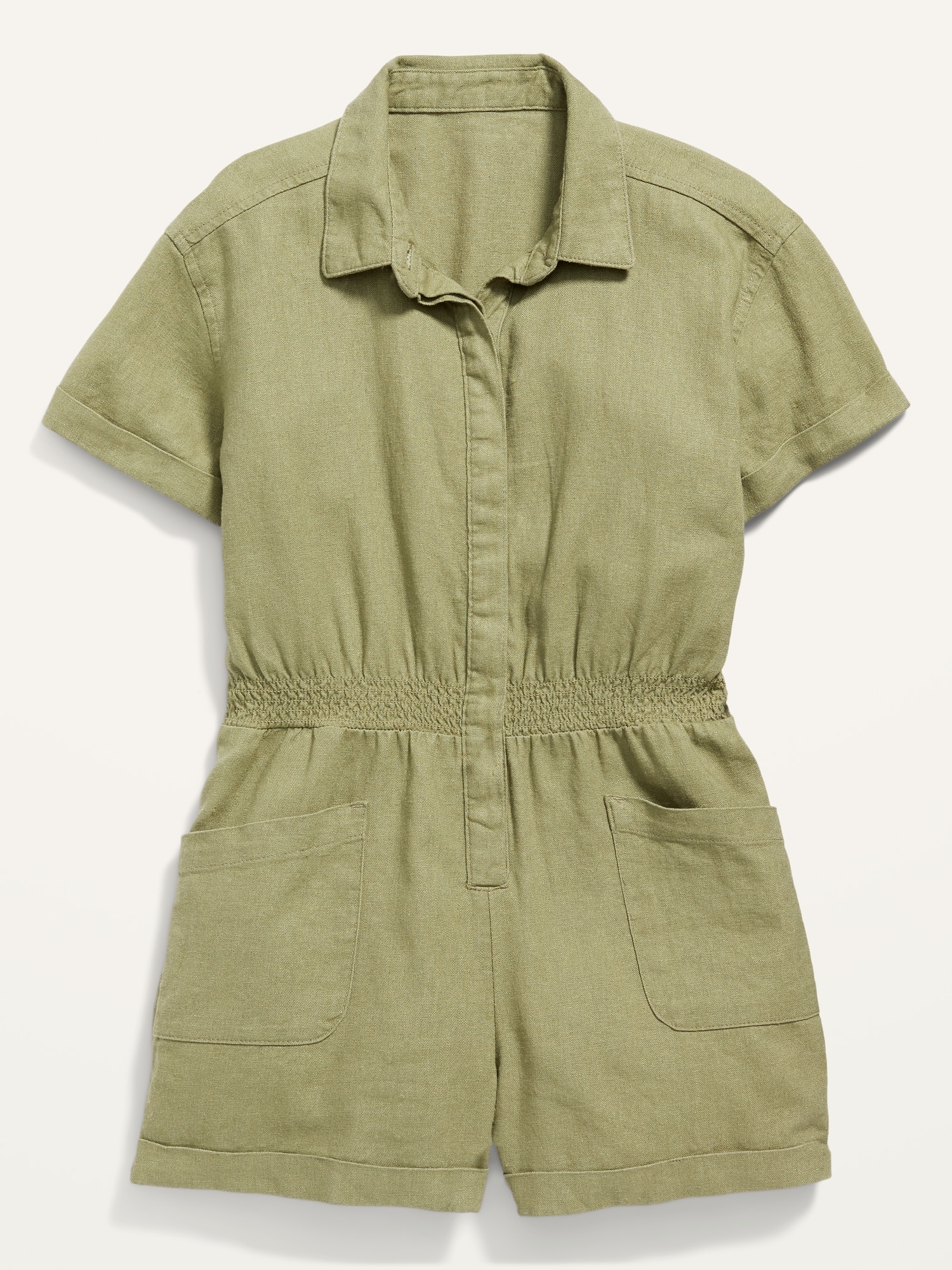 ShortSleeve CinchedWaist LinenBlend Utility Romper for Girls Old Navy