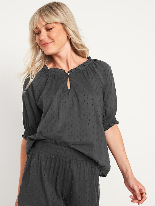 Image number 1 showing, Textured Clip-Dot Smocked-Sleeve Pajama Top