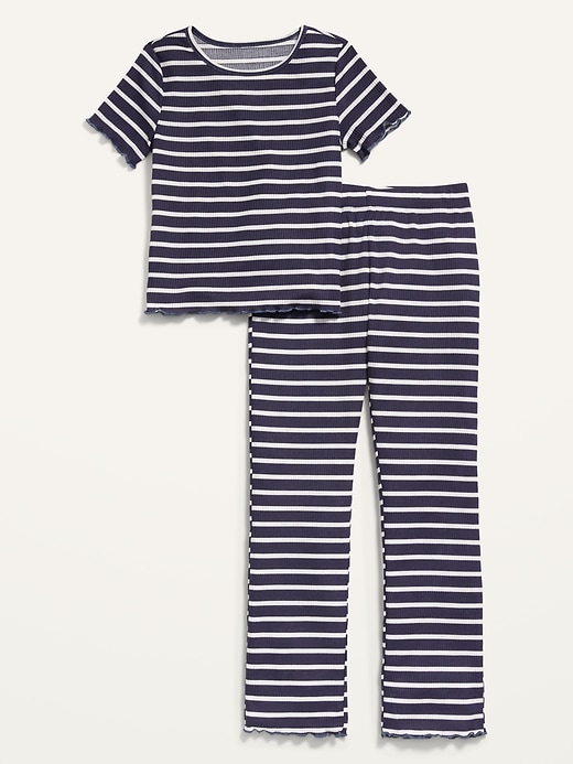 View large product image 1 of 1. Rib-Knit Lettuce-Edge Flared Leg Pajama Set for Girls