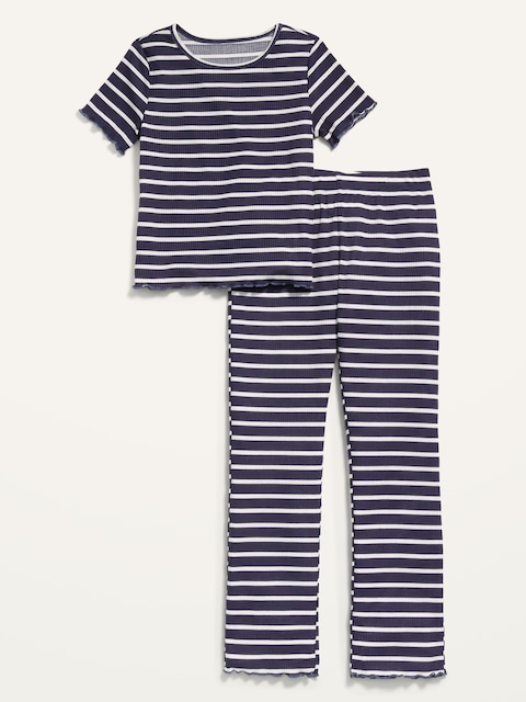 Rib-Knit Lettuce-Edge Flared Leg Pajama Set for Girls