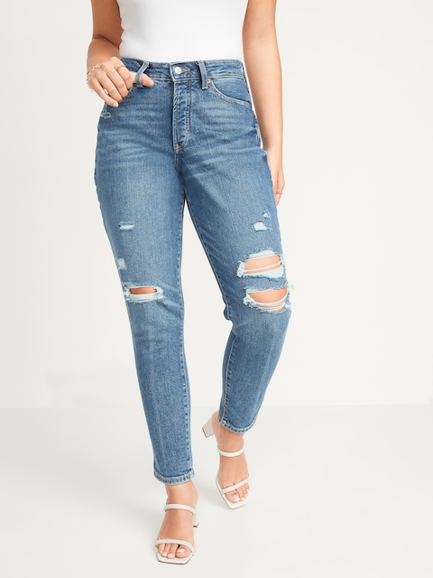 Curvy High-Waisted Button-Fly OG Straight Ankle Jeans - Ripped Medium Wash