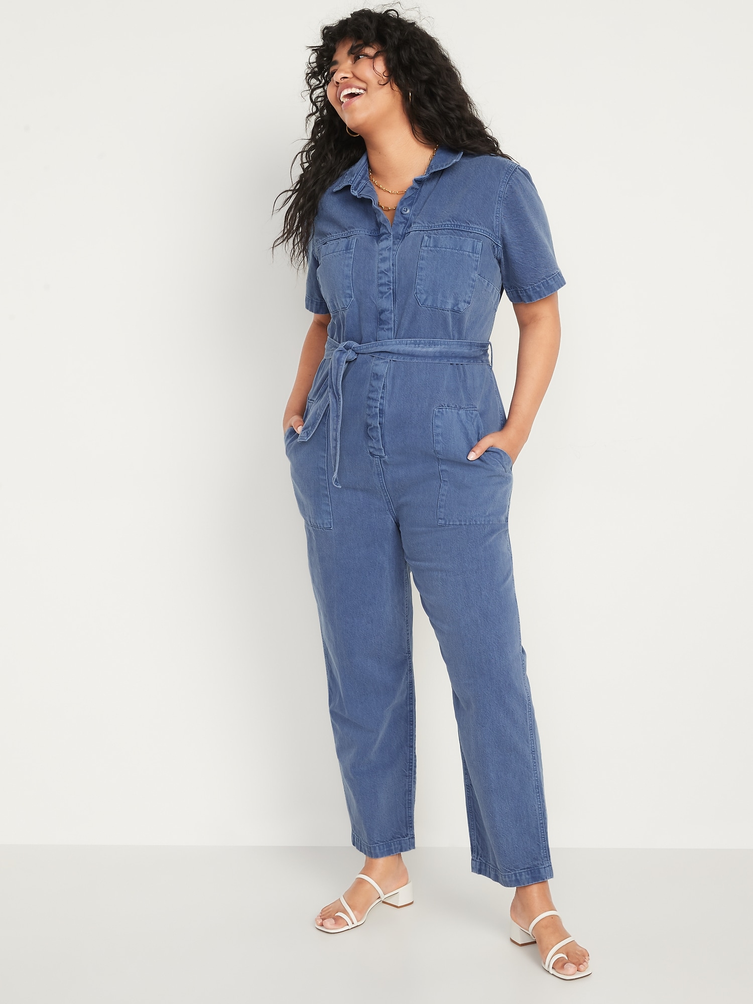 Short-Sleeve Cropped Tie-Belt Utility Non-Stretch Jean Jumpsuit for ...