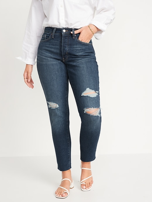 Image number 1 showing, Curvy High-Waisted OG Straight Ripped Cut-Off Jeans