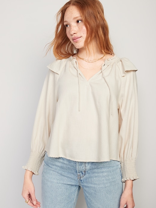 Image number 1 showing, Puff-Sleeve White-Wash Ruffle-Trimmed Smocked Jean Blouse for Women