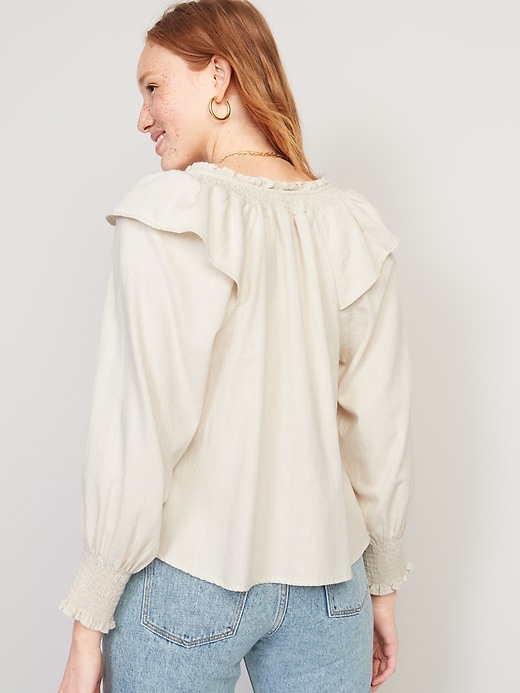 Image number 2 showing, Puff-Sleeve White-Wash Ruffle-Trimmed Smocked Jean Blouse for Women