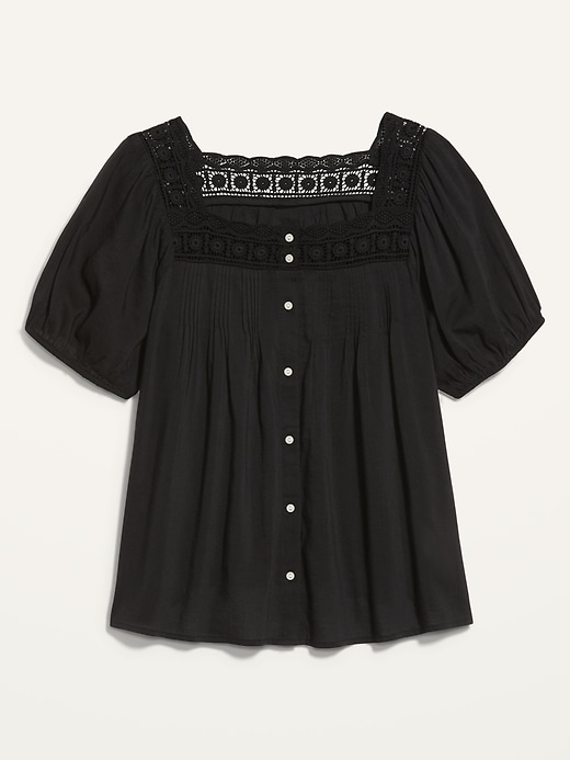 Image number 4 showing, Puff-Sleeve Crochet-Trimmed Pintucked Swing Blouse for Women