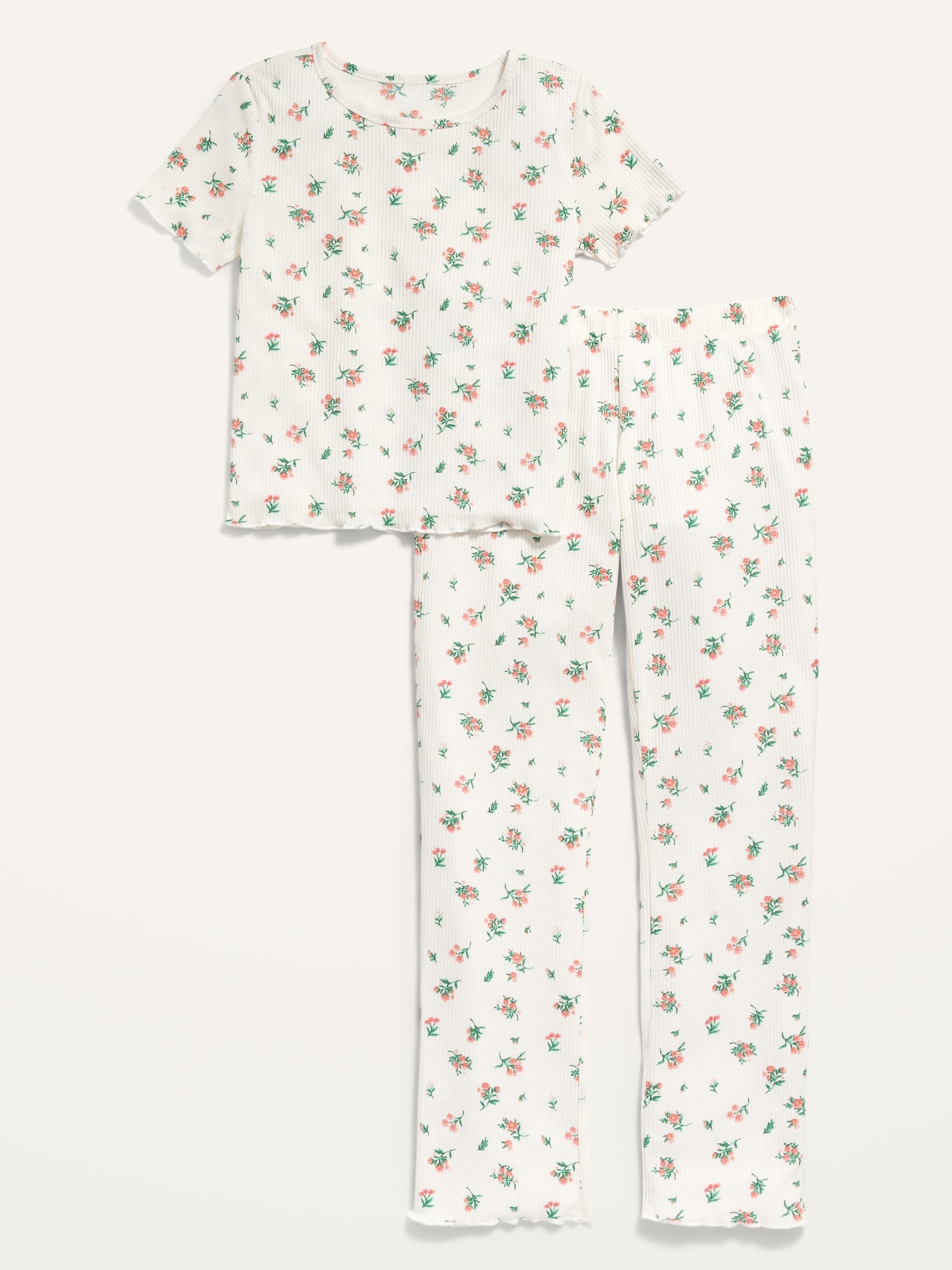 Old Navy Rib-Knit Lettuce-Edge Flared Leg Pajama Set for Girls white. 1