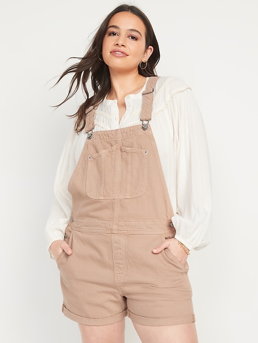 Image number 5 showing, Slouchy Straight Ecru Non-Stretch Jean Short Overalls -- 3.5-inch inseam