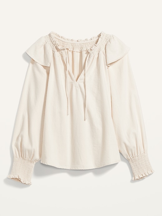 Image number 4 showing, Puff-Sleeve White-Wash Ruffle-Trimmed Smocked Jean Blouse for Women