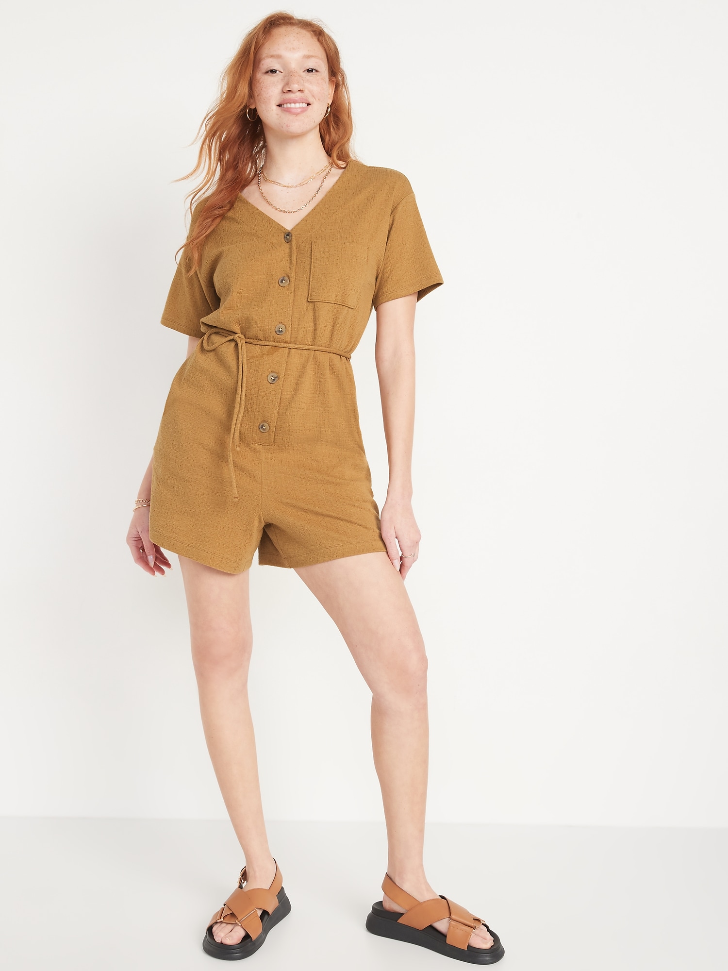 Textured-Knit Utility Short-Sleeve Romper for Women -- 3.5-inch