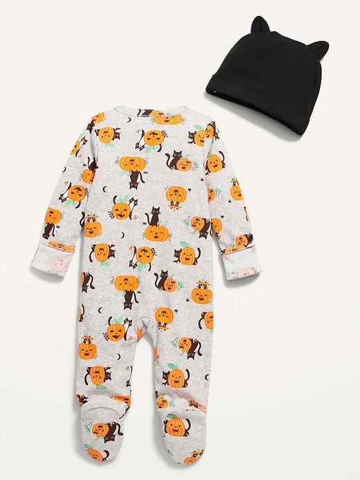 Unisex 2-Way-Zip Printed Sleep & Play Footed One-Piece and Beanie Set for Baby