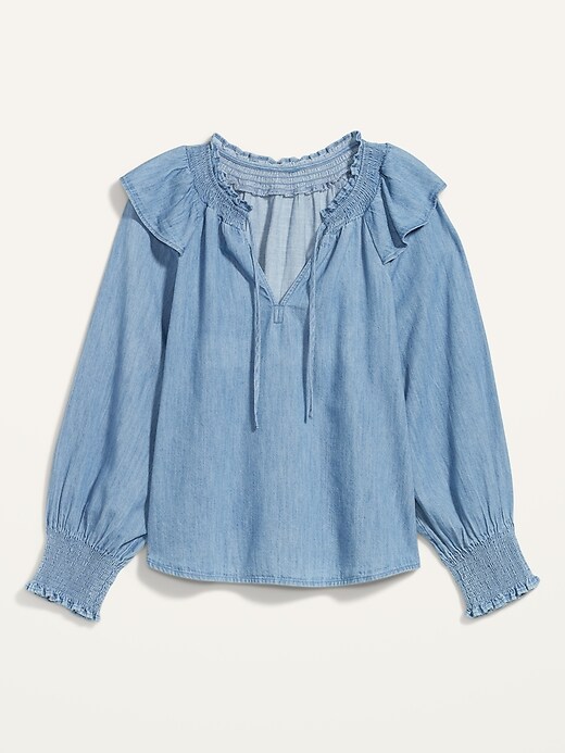 Image number 4 showing, Puff-Sleeve Non-Stretch Jean Ruffle-Trimmed Poet Blouse for Women