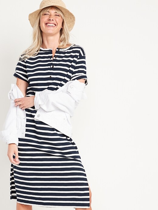 Image number 3 showing, Short-Sleeve Striped Henley Midi Shift Dress for Women