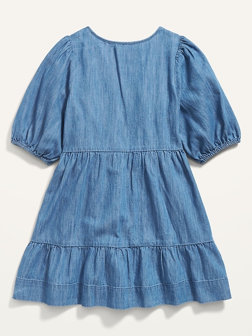 View large product image 2 of 2. Puff-Sleeve Tie-Neck Tiered Chambray Swing Dress for Girls