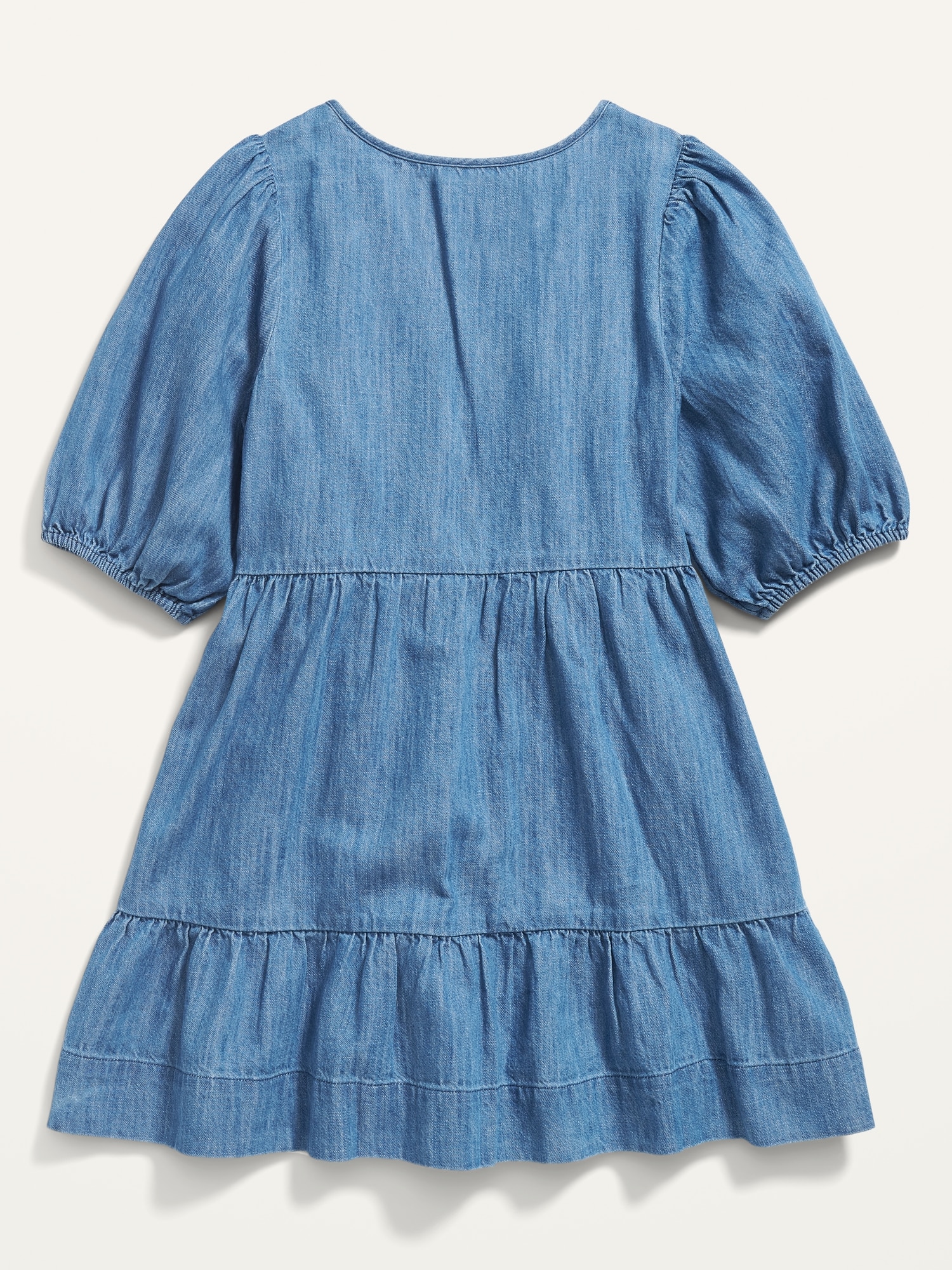 Puff-Sleeve Tie-Neck Tiered Chambray Swing Dress for Girls | Old Navy