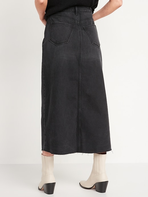 Image number 2 showing, High-Waisted Black-Wash Split-Front Maxi Non-Stretch Jean Skirt for Women
