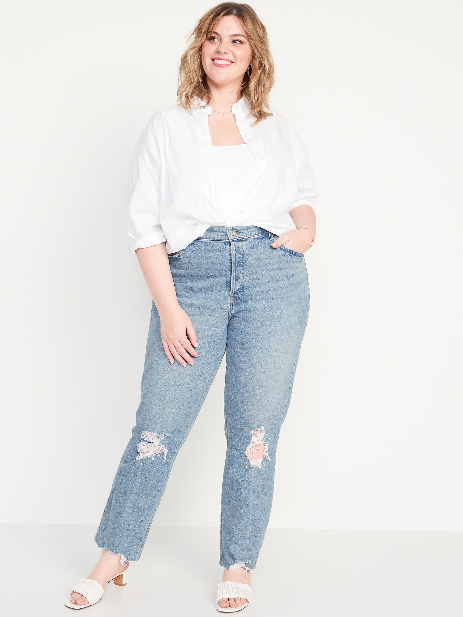 High-Waisted Button-Fly Slouchy Straight Ripped Cut-Off Jeans for Women ...