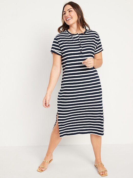 Short-Sleeve Striped Henley Midi Shift Dress | Old Navy