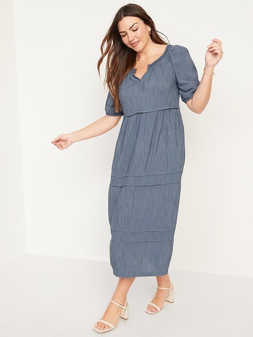 Image number 5 showing, Puff-Sleeve Chambray Smocked Midi Swing Dress