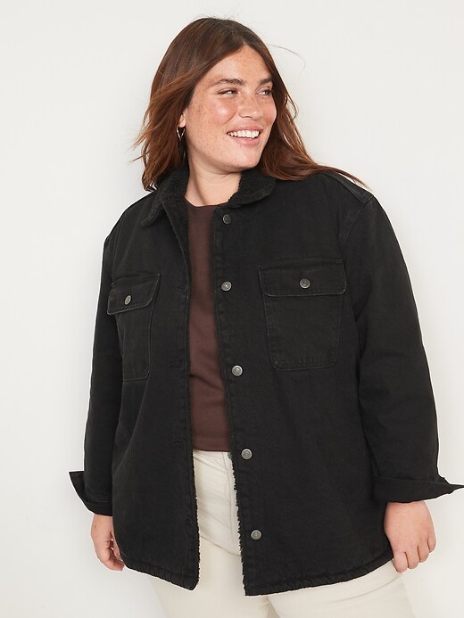 Image number 7 showing, Sherpa-Lined Black-Wash Non-Stretch Jean Utility Shacket or Women