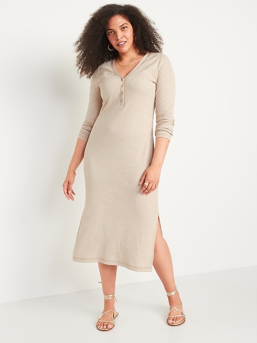 Image number 5 showing, Fitted Long-Sleeve Heathered Rib-Knit Henley Midi Dress