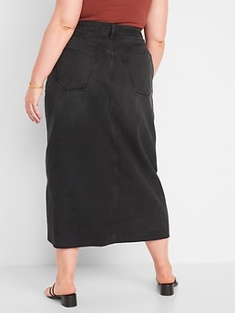 High-Waisted Black-Wash Split-Front Maxi Non-Stretch Jean Skirt for Women