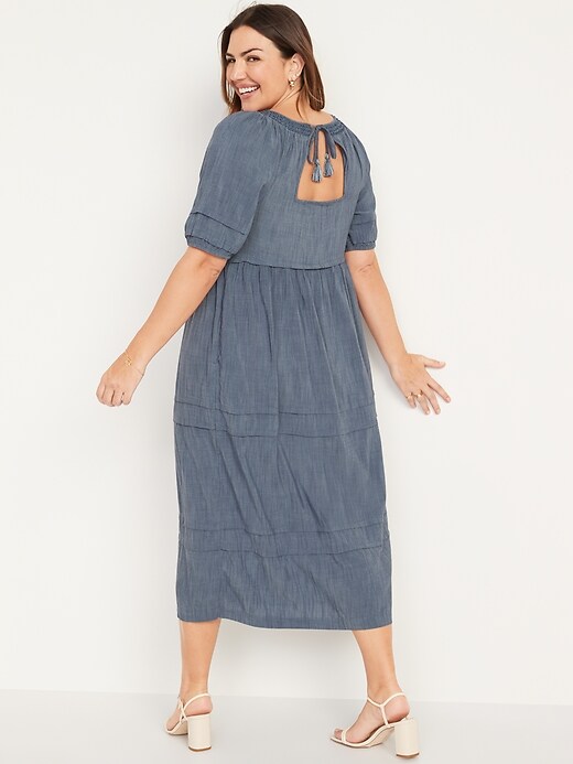 Image number 6 showing, Puff-Sleeve Chambray Smocked Midi Swing Dress