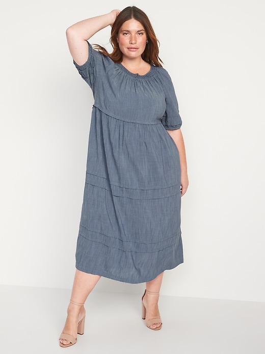 Image number 7 showing, Puff-Sleeve Chambray Smocked Midi Swing Dress