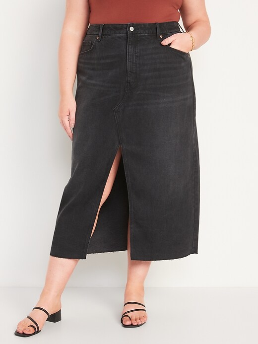 Image number 7 showing, High-Waisted Black-Wash Split-Front Maxi Non-Stretch Jean Skirt for Women