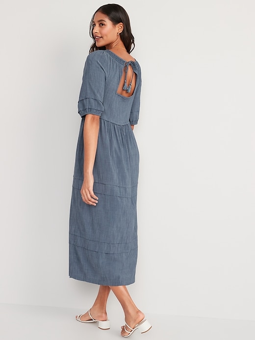 Puff-Sleeve Chambray Smocked Midi Swing Dress | Old Navy