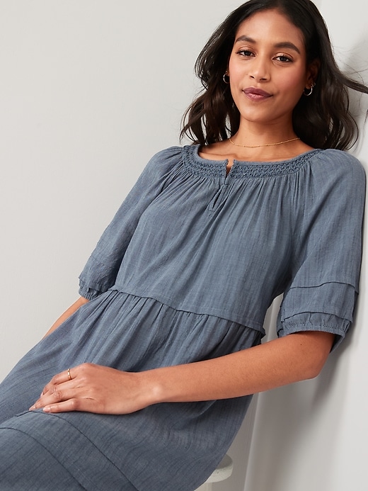 Image number 3 showing, Puff-Sleeve Chambray Smocked Midi Swing Dress