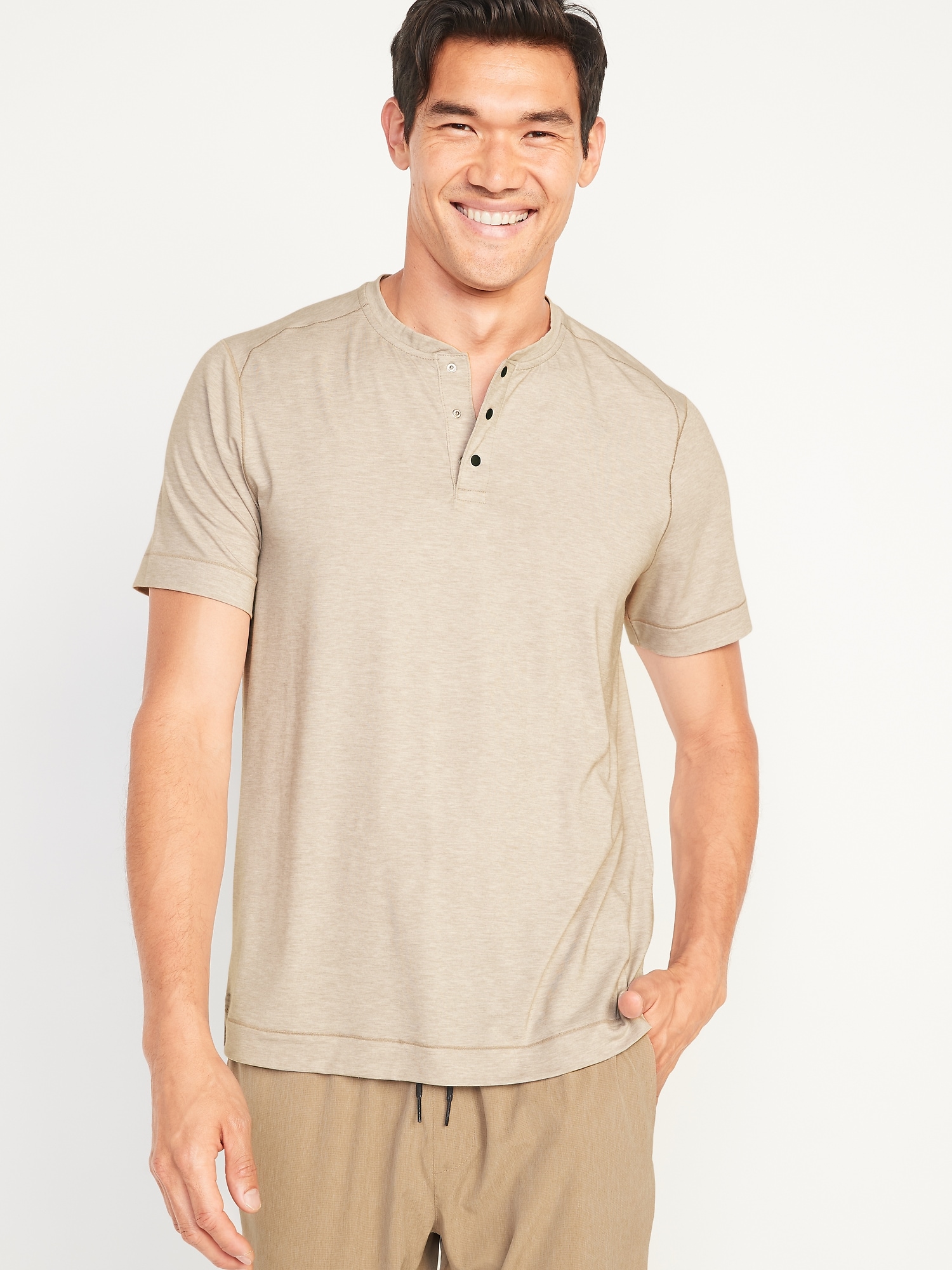 Old Navy Beyond 4-Way Stretch Henley T-Shirt for Men beige. 1